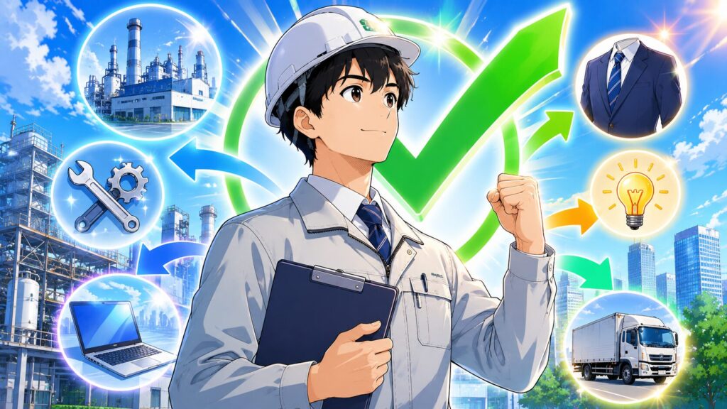 給与明細と電卓で年収の変化を確認する男性のイラスト