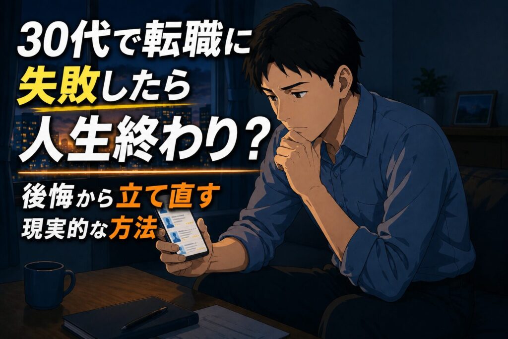 夜中にスマートフォンで求人を検索する30代男性のイラスト