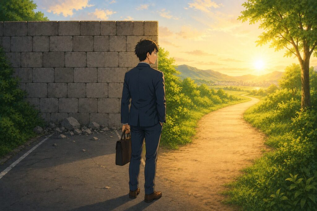 行き止まりの道の横に新しい道が開けているのを見つめる男性のイラスト