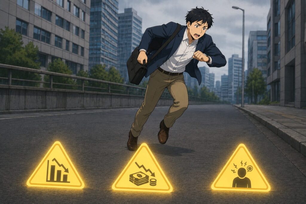 焦って走りながら警告サインを見逃しそうになっている男性のイラスト