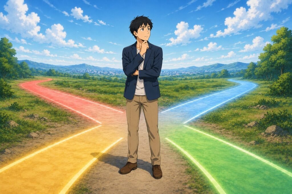 4つの色違いの分岐路の前に立つ男性のイラスト