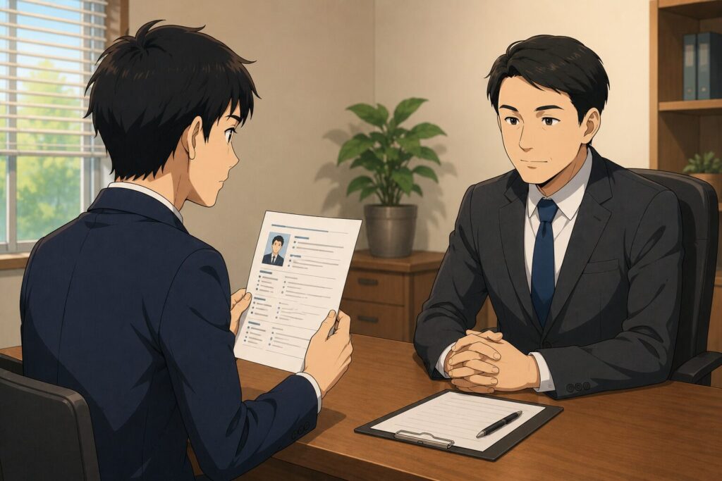 短い職歴書を持ち採用担当者の前に立つ男性のイラスト