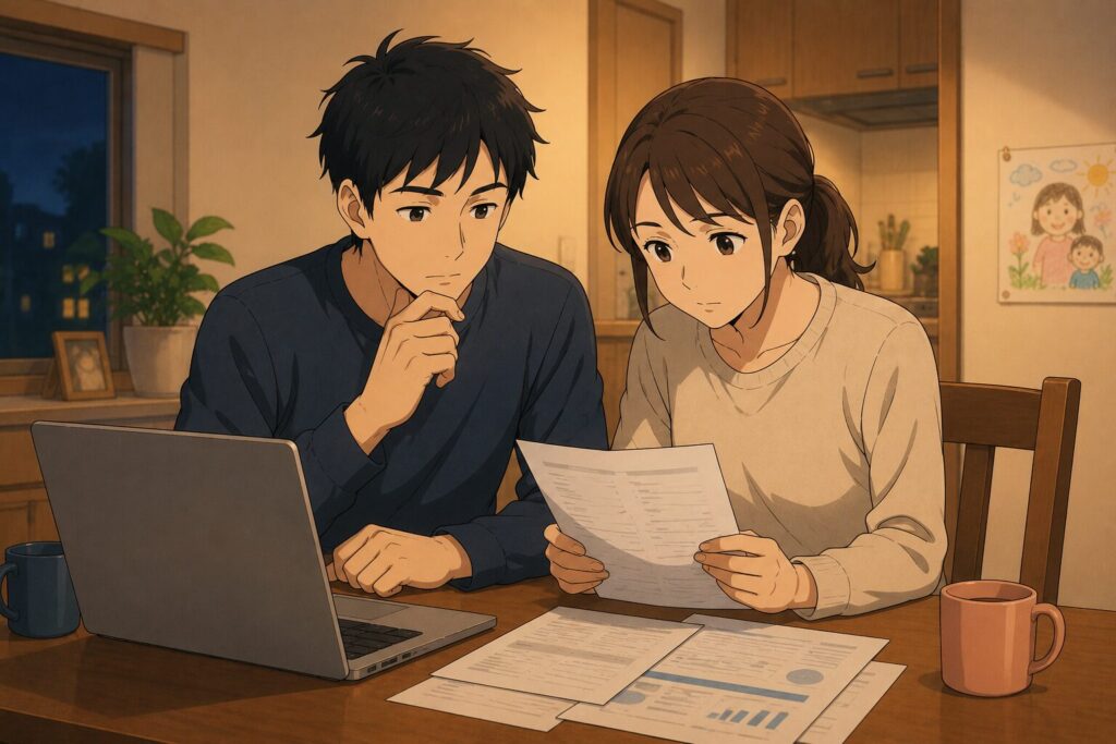 夜に夫婦がテーブルで書類を確認しているイラスト