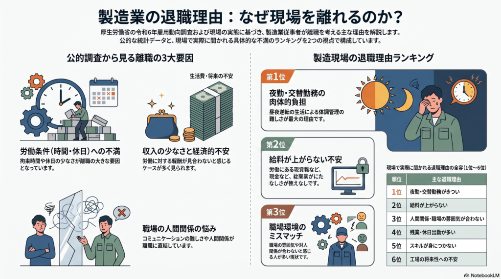 製造業で多い退職理由をランキングで示すイメージ