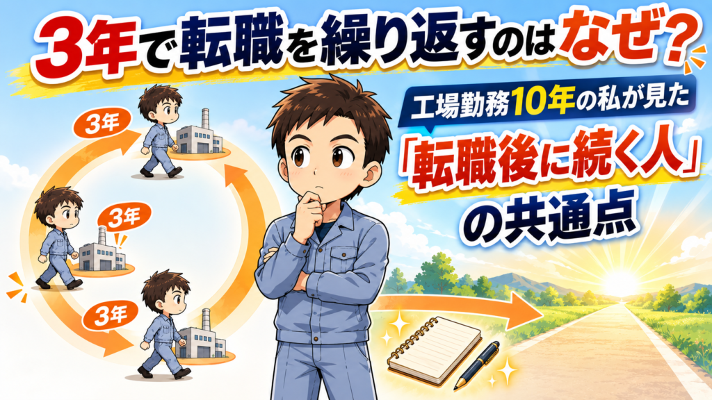 3年ごとに同じ場所へ戻る輪から抜け出し、自分の経験を書き出して次の道へ進もうとする工場勤務の男性を描いたアイキャッチ画像