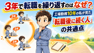 3年ごとに同じ場所へ戻る輪から抜け出し、自分の経験を書き出して次の道へ進もうとする工場勤務の男性を描いたアイキャッチ画像