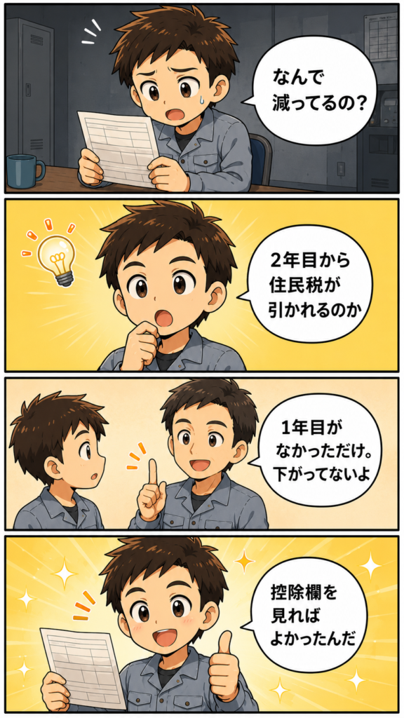 2年目に手取りが減る理由を説明する4コマ漫画