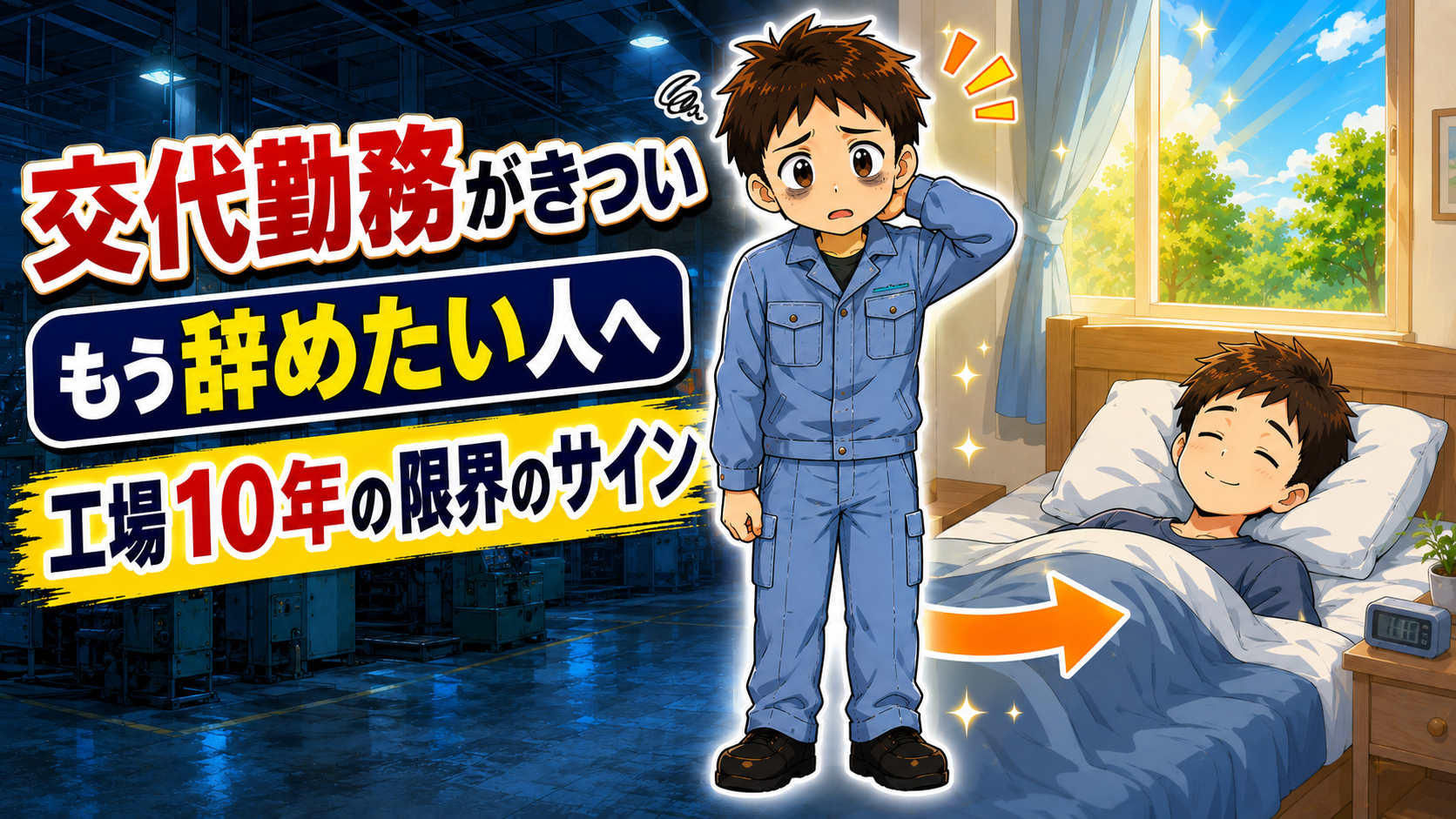 交代勤務の疲れを感じている作業服の男性