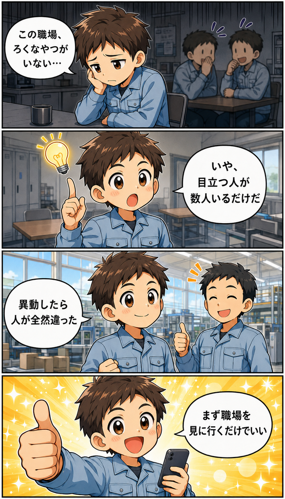 工場にろくなやつがいないと感じる理由と、職場を変えて変わったことを説明する4コマ漫画