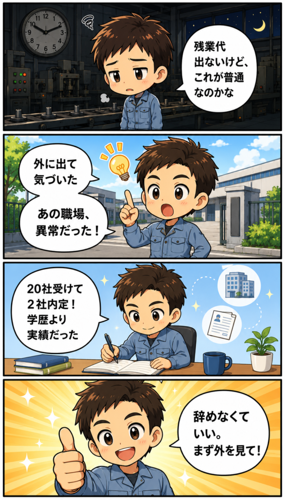 高卒18歳で入社した男性が残業代の出ない職場を普通だと思い込み、10年後に外へ出て初めて異常だったと気づき、転職して実績で評価されるまでを描いた4コマ漫画