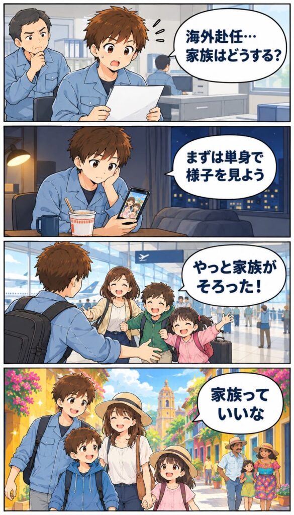 海外赴任が決まった男性が、まず単身で様子を見て、家族を呼び、メキシコで家族の大事さに気付く4コマ漫画