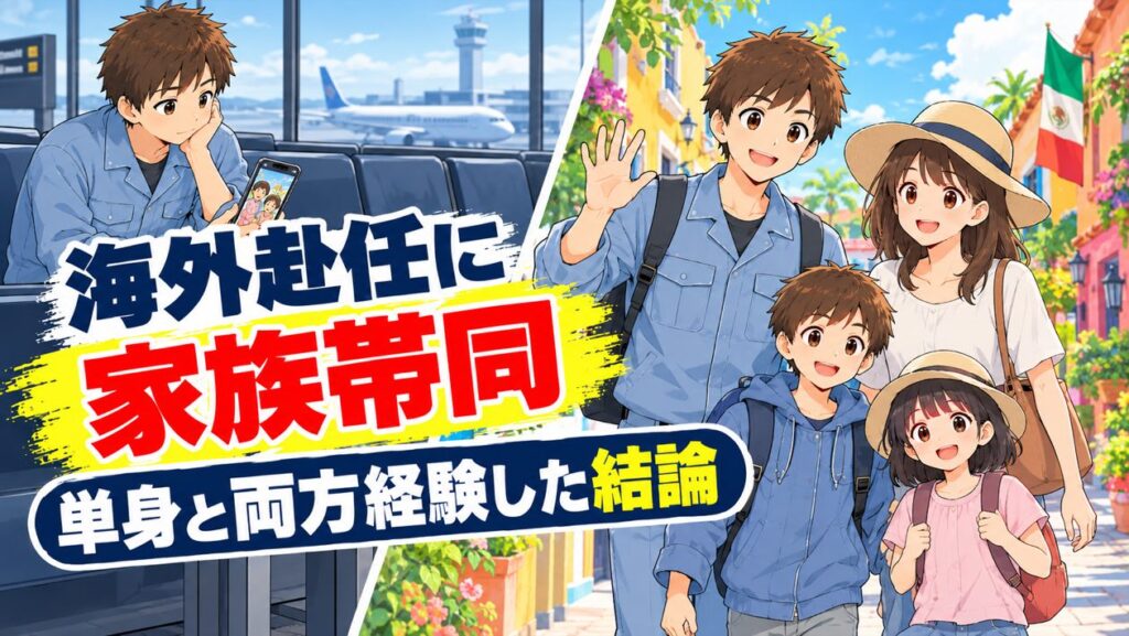 海外赴任に家族帯同した結論を伝えるアイキャッチ。空港で1人家族写真を見る男性と、メキシコの街を妻と子ども2人と歩く男性