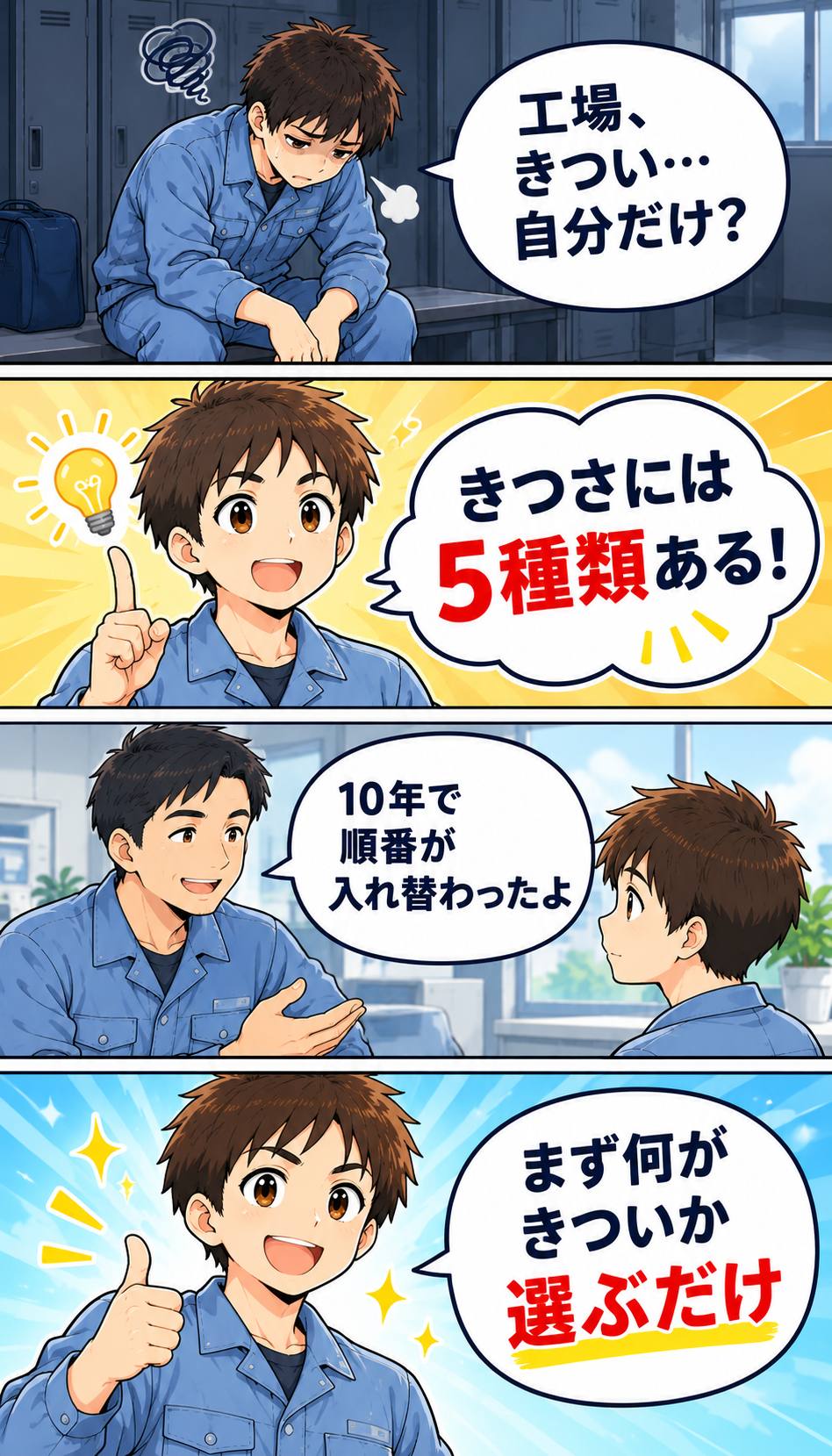 工場勤務のきつさは5種類あり、まず何がきついかを選ぶことを伝える4コマ漫画