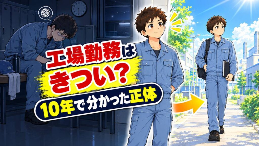 夜勤明けにうなだれる作業服の男性と、晴れた道を前向きに歩く同じ男性の「工場勤務はきつい？」アイキャッチ