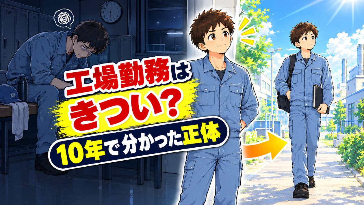 夜勤明けにうなだれる作業服の男性と、晴れた道を前向きに歩く同じ男性の「工場勤務はきつい?」アイキャッチ