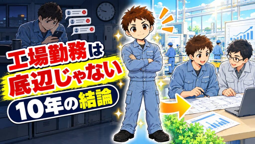 工場勤務は底辺じゃないと腕を組む作業服の男性と、図面とデータを技術者と確認する作業員のアイキャッチ