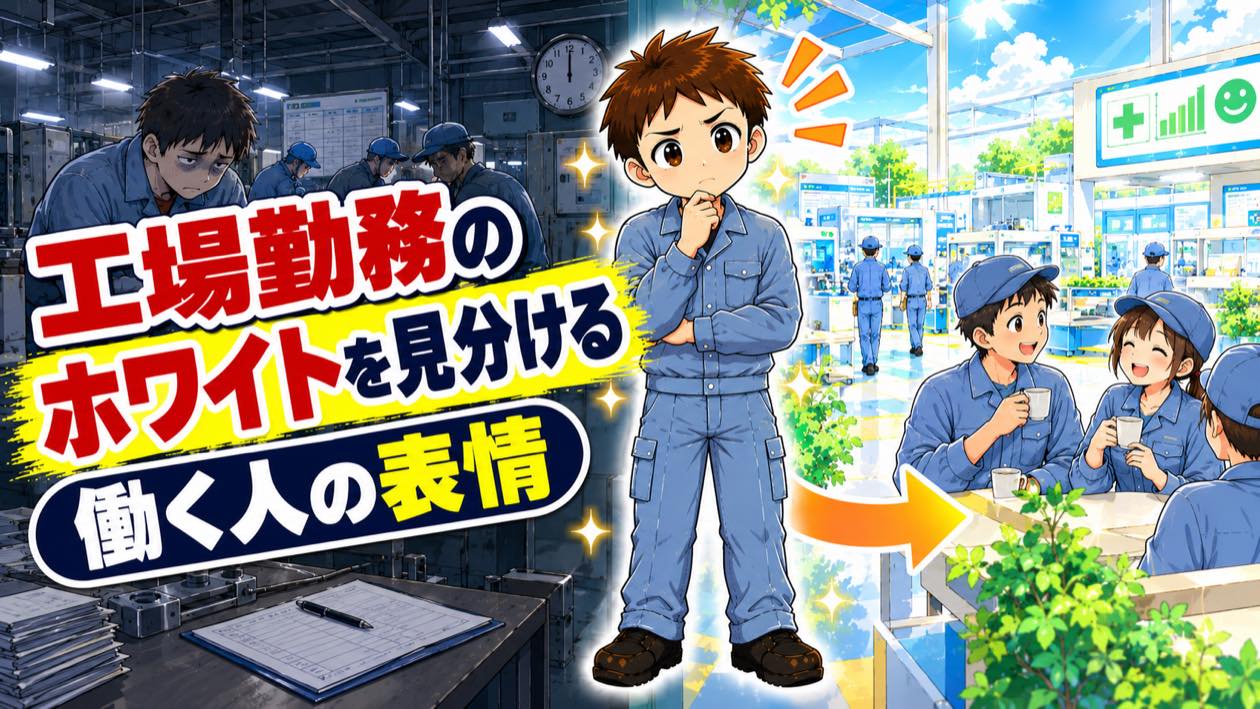 工場勤務のホワイトを見分けるために働く人の表情を考える作業服の男性のアイキャッチ