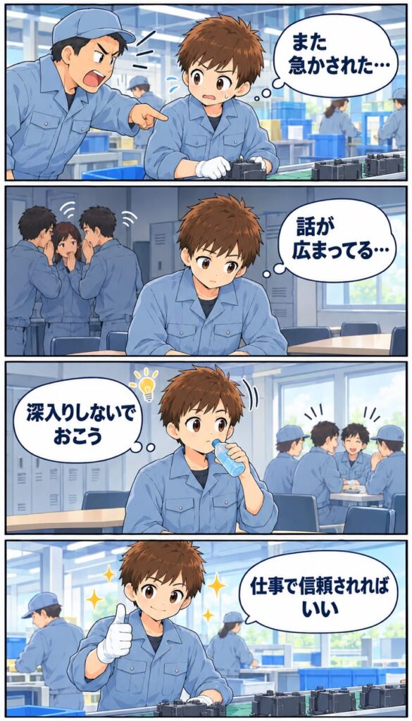 ラインで急かされ、休憩室の噂話に悩んだ男性が、深入りしない付き合い方に気づく4コマ漫画