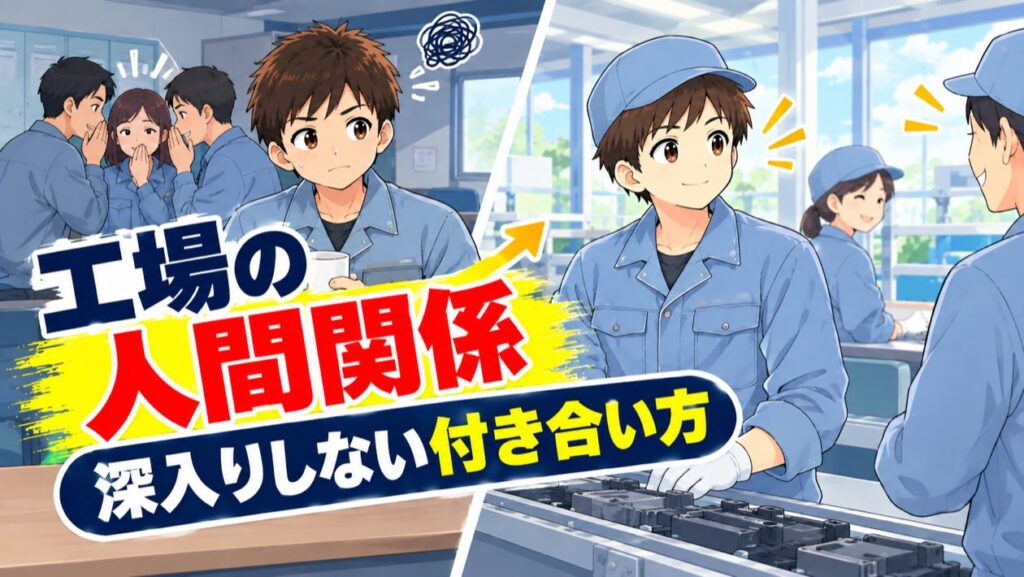 工場の人間関係・深入りしない付き合い方のアイキャッチ。休憩室でひそひそ話す同僚に戸惑う作業服の男性と、ラインで落ち着いて働く同じ男性