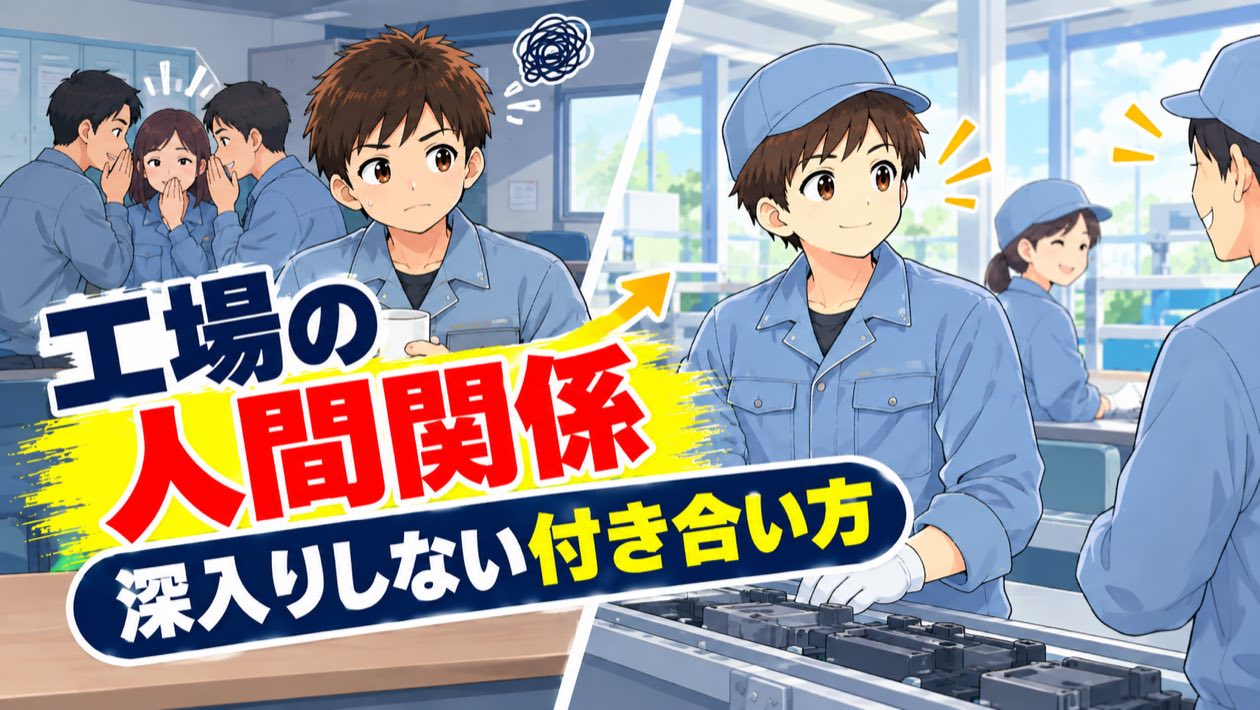 工場の人間関係・深入りしない付き合い方のアイキャッチ。休憩室でひそひそ話す同僚に戸惑う作業服の男性と、ラインで落ち着いて働く同じ男性