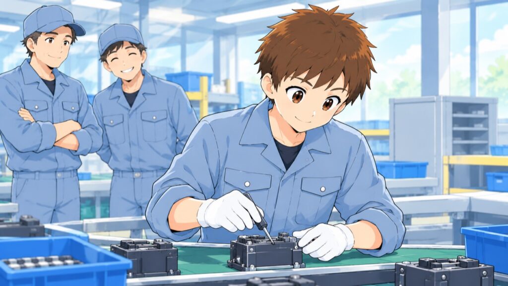 組立ラインで集中して作業する男性を、先輩2人が後ろから笑顔で見守るイラスト