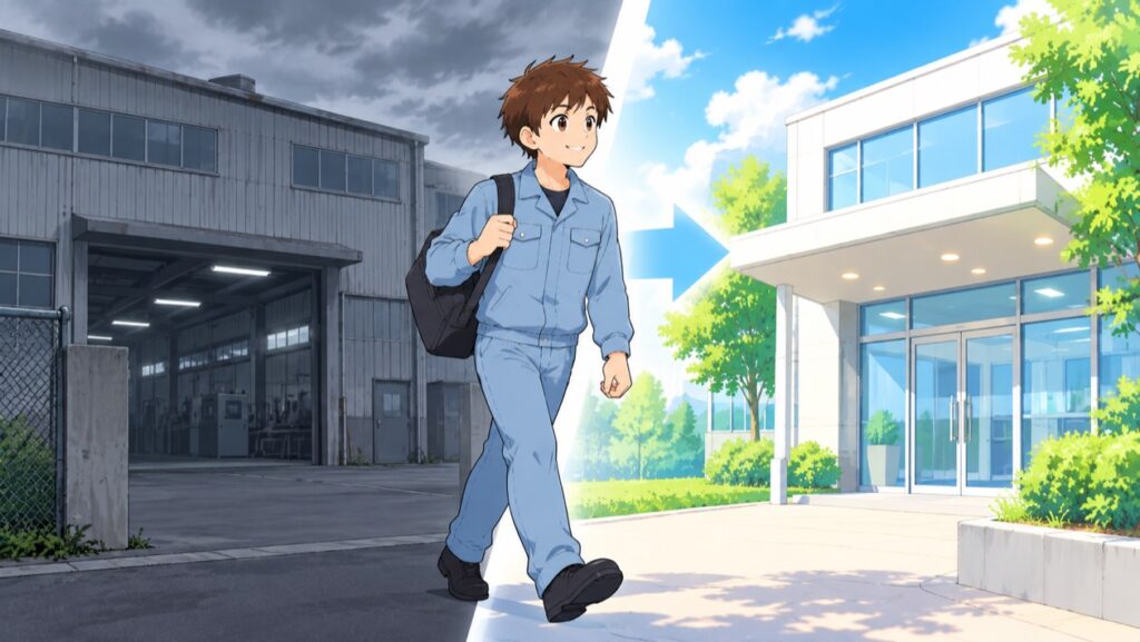 暗い工場の建物を離れて、明るい新しい職場へ歩いていく作業服の男性のイラスト