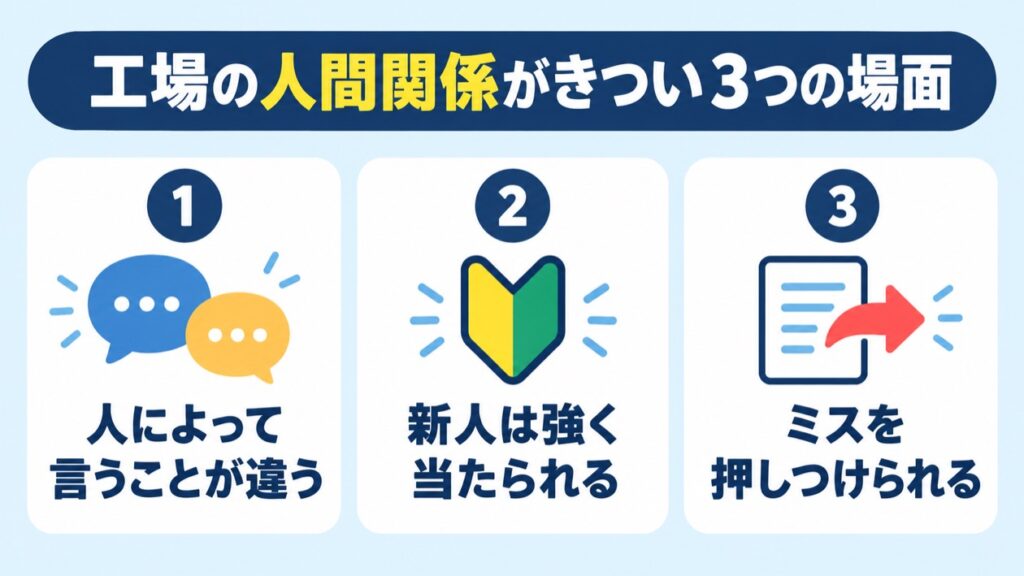 工場の人間関係がきつい3つの場面(人によって言うことが違う・新人は強く当たられる・ミスを押しつけられる)の図解
