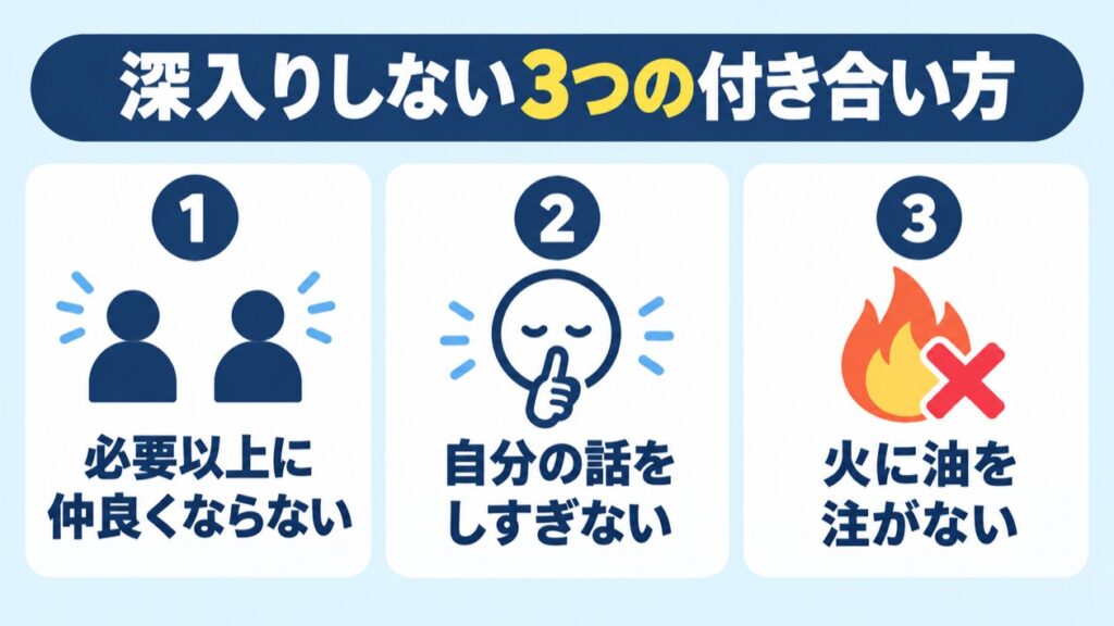 深入りしない3つの付き合い方(必要以上に仲良くならない・自分の話をしすぎない・火に油を注がない)の図解