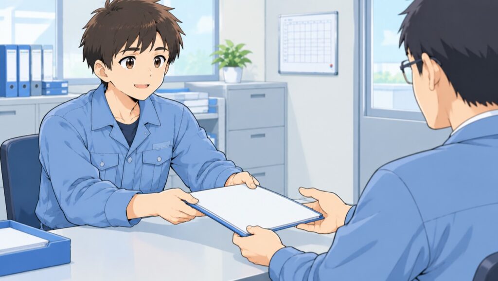 作業服の男性が上司に退職の書類を手渡す様子のイラスト
