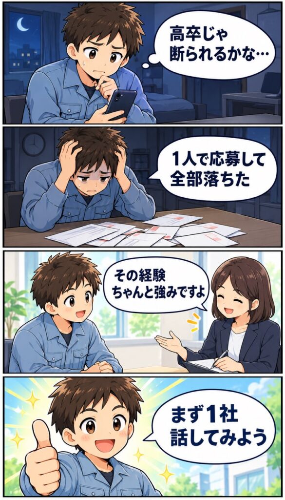 高卒で転職エージェントに断られるか不安だった男性が、相談して経験を強みだと言われる4コマ漫画