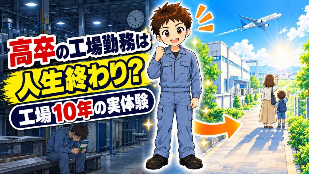 高卒の工場勤務は人生終わり？と悩む作業服の男性と、明るい未来の工場のイラスト