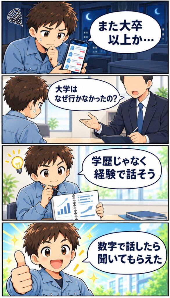 大卒以上の求人と面接での学歴の質問に悩んだ男性が、経験を数字で話すことに気づく4コマ漫画