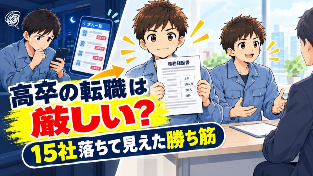 高卒の転職は厳しい？15社落ちて見えた勝ち筋のアイキャッチ。夜に応募不可の求人を見る作業服の男性と、職務経歴書を見せて面接で話す同じ男性
