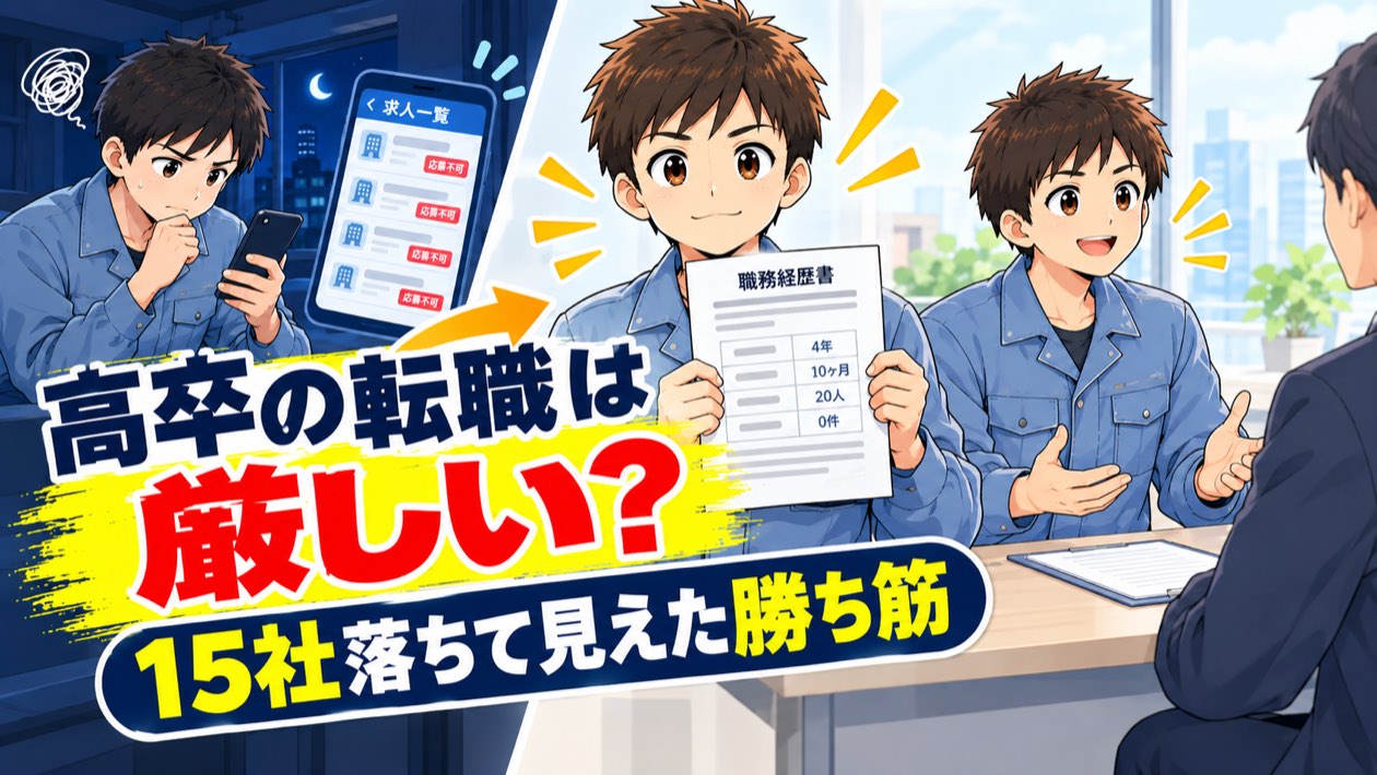 高卒の転職は厳しい?15社落ちて見えた勝ち筋のアイキャッチ。夜に応募不可の求人を見る作業服の男性と、職務経歴書を見せて面接で話す同じ男性
