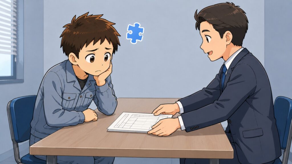 悩む作業服の男性に、スーツ姿の担当者が書類を見せて説明するイラスト