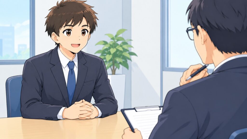 スーツ姿の男性が面接官と向き合って話すイラスト