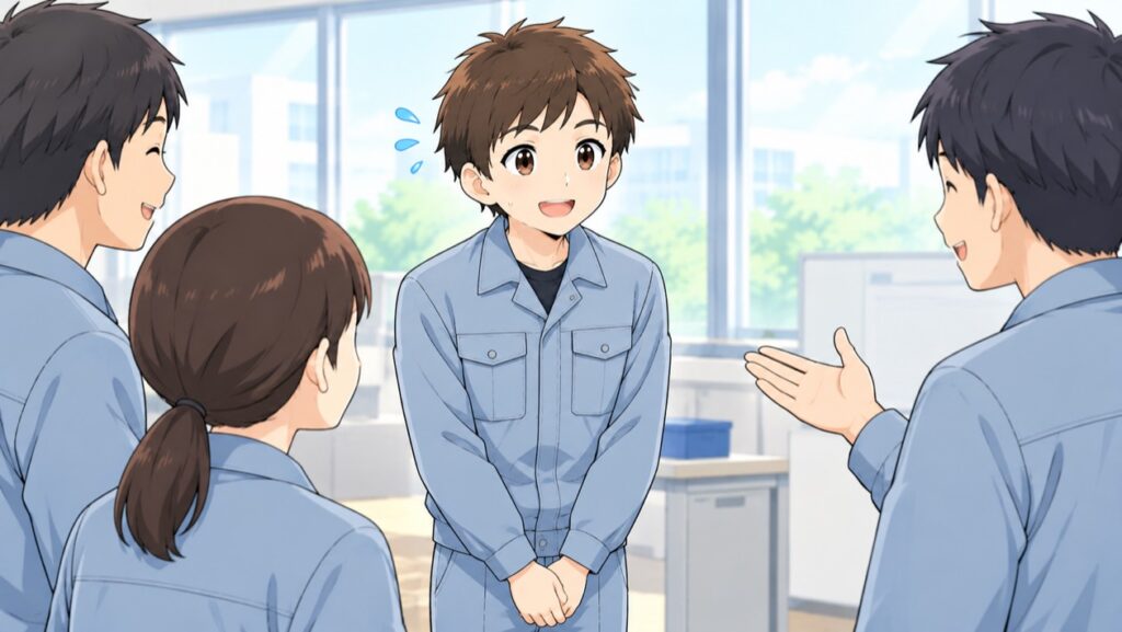 転職先で新しい同僚にあいさつする作業服の男性のイラスト