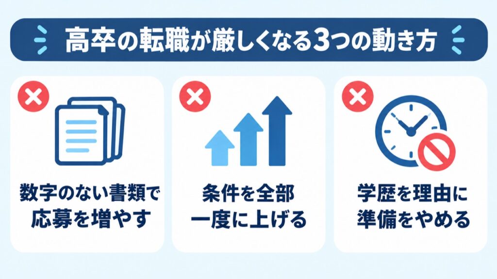 高卒の転職が厳しくなる3つの動き方(数字のない書類で応募を増やす・条件を全部一度に上げる・学歴を理由に準備をやめる)の図解