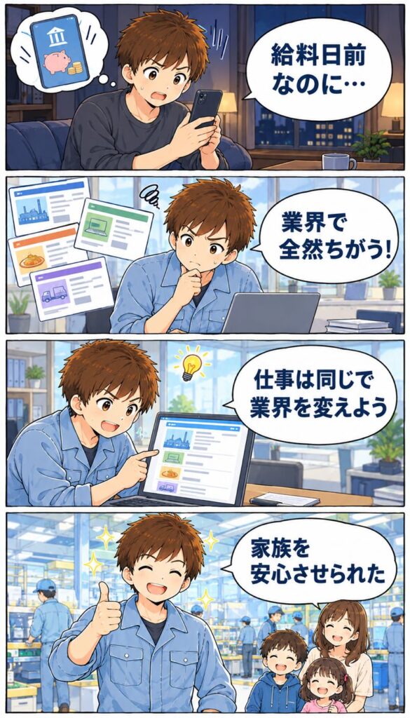 給料日前の残高に不安を感じた男性が、業界を比べて軸ずらし転職を決め、家族を安心させる4コマ漫画