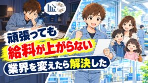給料日前にスマホの残高を見て悩む工場勤務の男性と、業界を変えて家族と笑顔になった男性のアイキャッチ