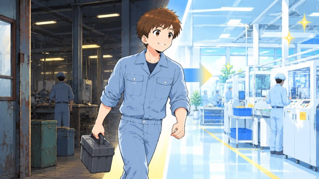 同じ工具箱を持ったまま、古い工場から明るい最新の工場へ移る作業服の男性のイラスト（軸ずらし転職のイメージ）