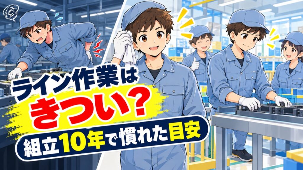 ライン作業はきつい？組立10年で慣れた目安のアイキャッチ。腰を押さえて作業する作業服の男性と、汗をふいて笑顔で働く同じ男性