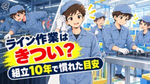 ライン作業はきつい?組立10年で慣れた目安のアイキャッチ。腰を押さえて作業する作業服の男性と、汗をふいて笑顔で働く同じ男性