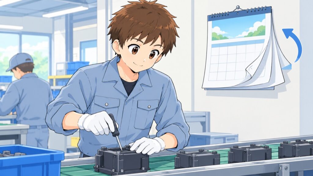 カレンダーがめくれていく横で、落ち着いて組立ラインの作業をする作業服の男性のイラスト