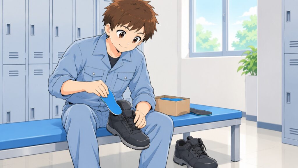 更衣室のベンチで作業靴のインソールを入れ替える作業服の男性のイラスト