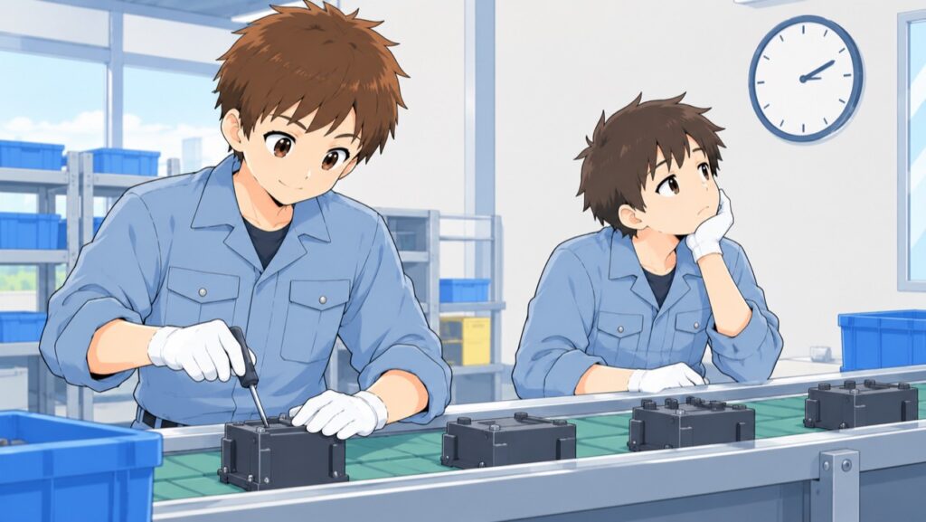 組立ラインで集中して作業する男性と、頬づえをついて時計を見る男性のイラスト