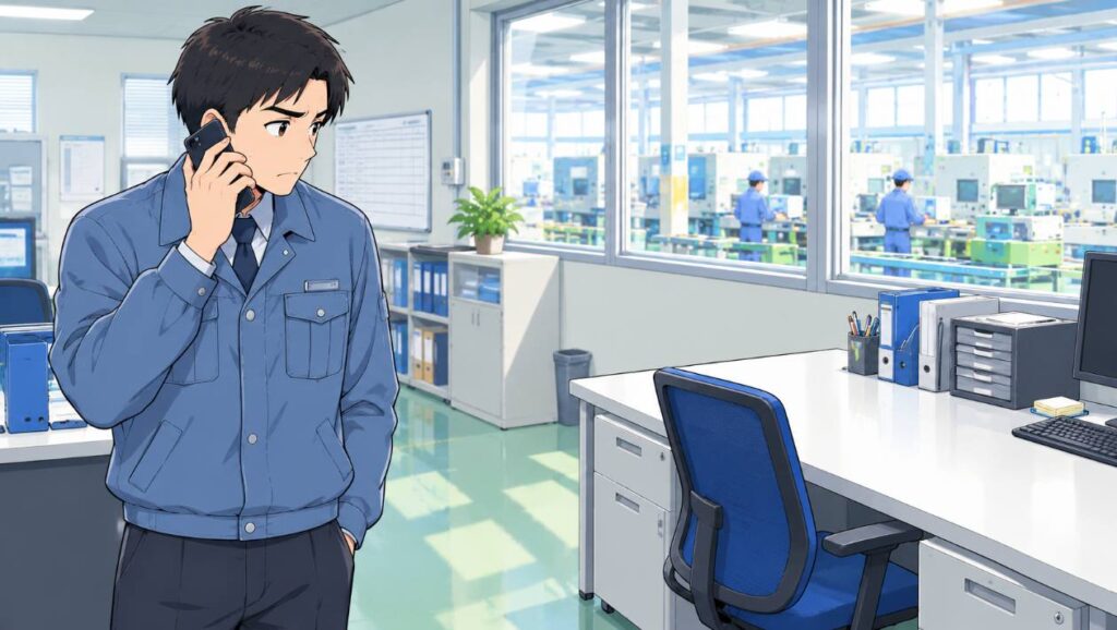 工場の事務所で電話を受ける作業服の男性と、空いたままのデスク