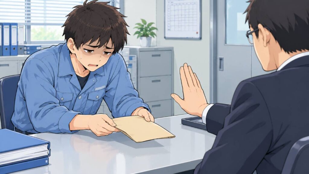 差し出した退職願を手のひらで押し返される、疲れた表情の作業員