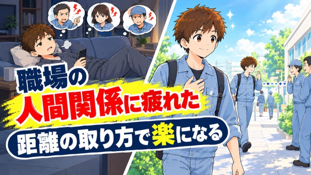 職場の人間関係に疲れて休日もソファで同僚の顔が浮かぶ男性と、距離の取り方を変えて明るく出勤する男性のアイキャッチ