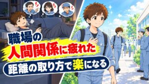 職場の人間関係に疲れて休日もソファで同僚の顔が浮かぶ男性と、距離の取り方を変えて明るく出勤する男性のアイキャッチ